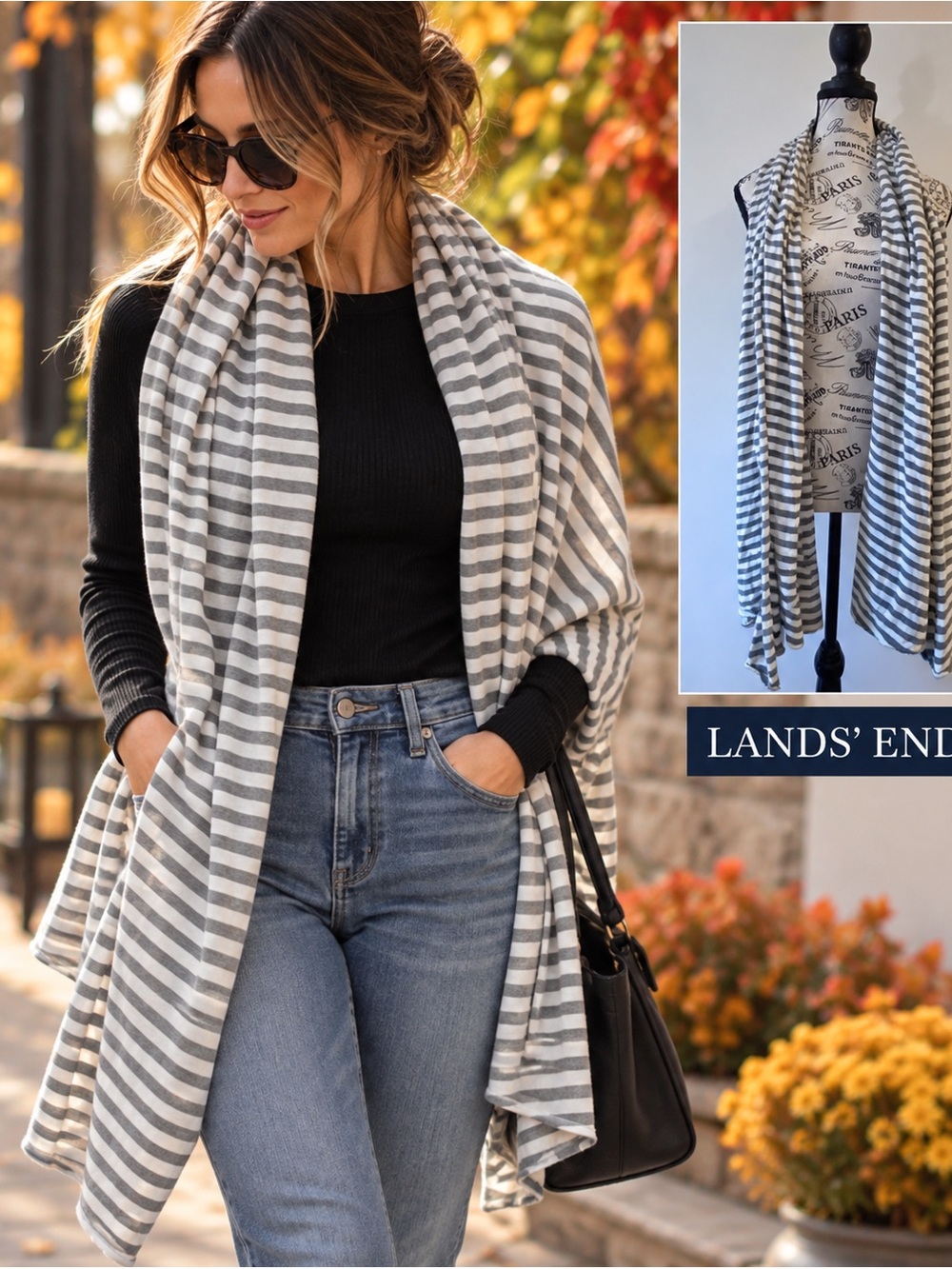 Lands' End Gray and White Striped Wrap